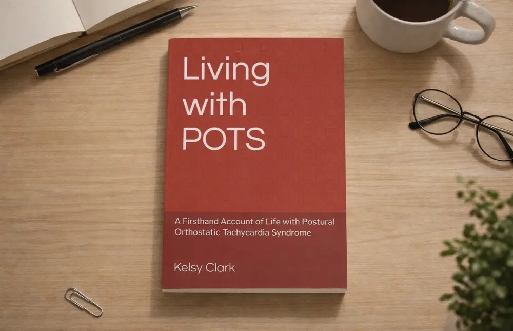 Living with POTS book photographed on a table