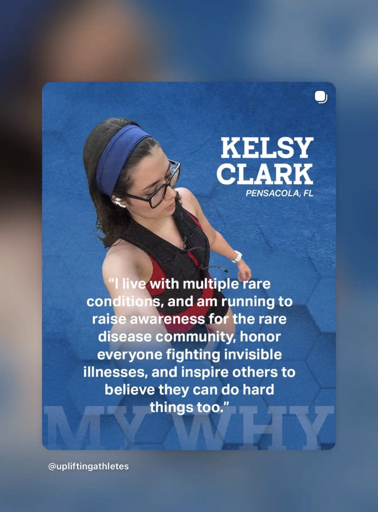 Blue award graphic featuring Kelsy Clark and her work around rare and chronic illness